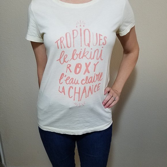 Roxy Top Medium Women's Graphic Tee Ivory White Cream Short Sleeve Cotton Shirt - Picture 3 of 6